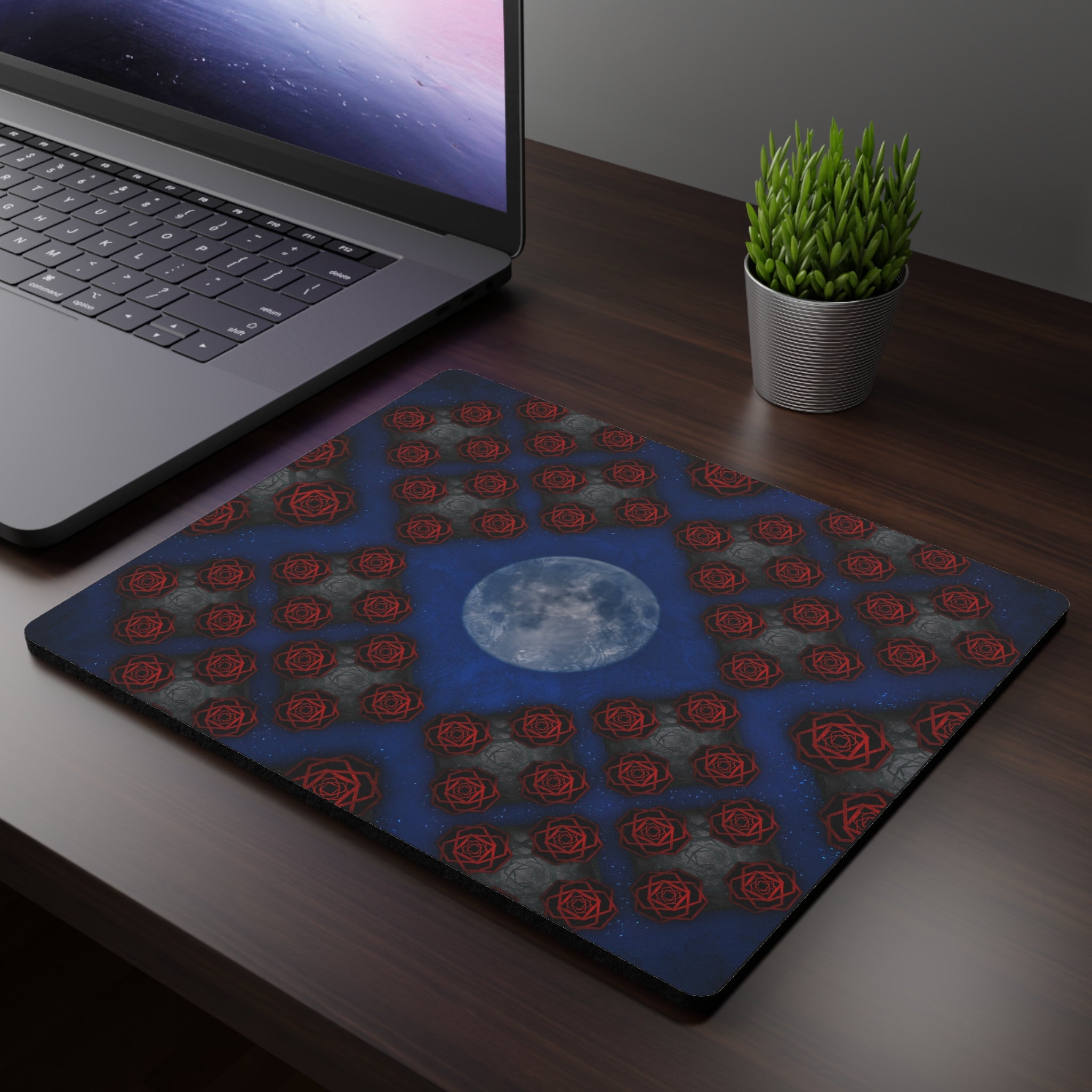 Full Moon & Red Rose Pattern Mouse Pad — Gothic Desk Mat
